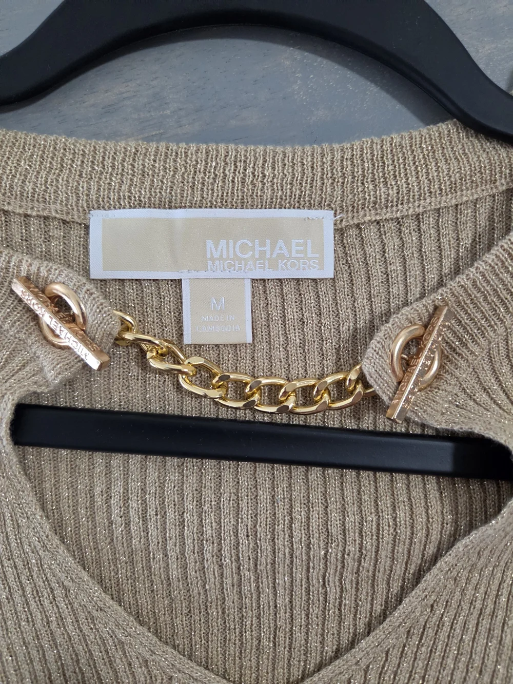 Michael Kors Gold-Trim Beige Ribbed Knit Top